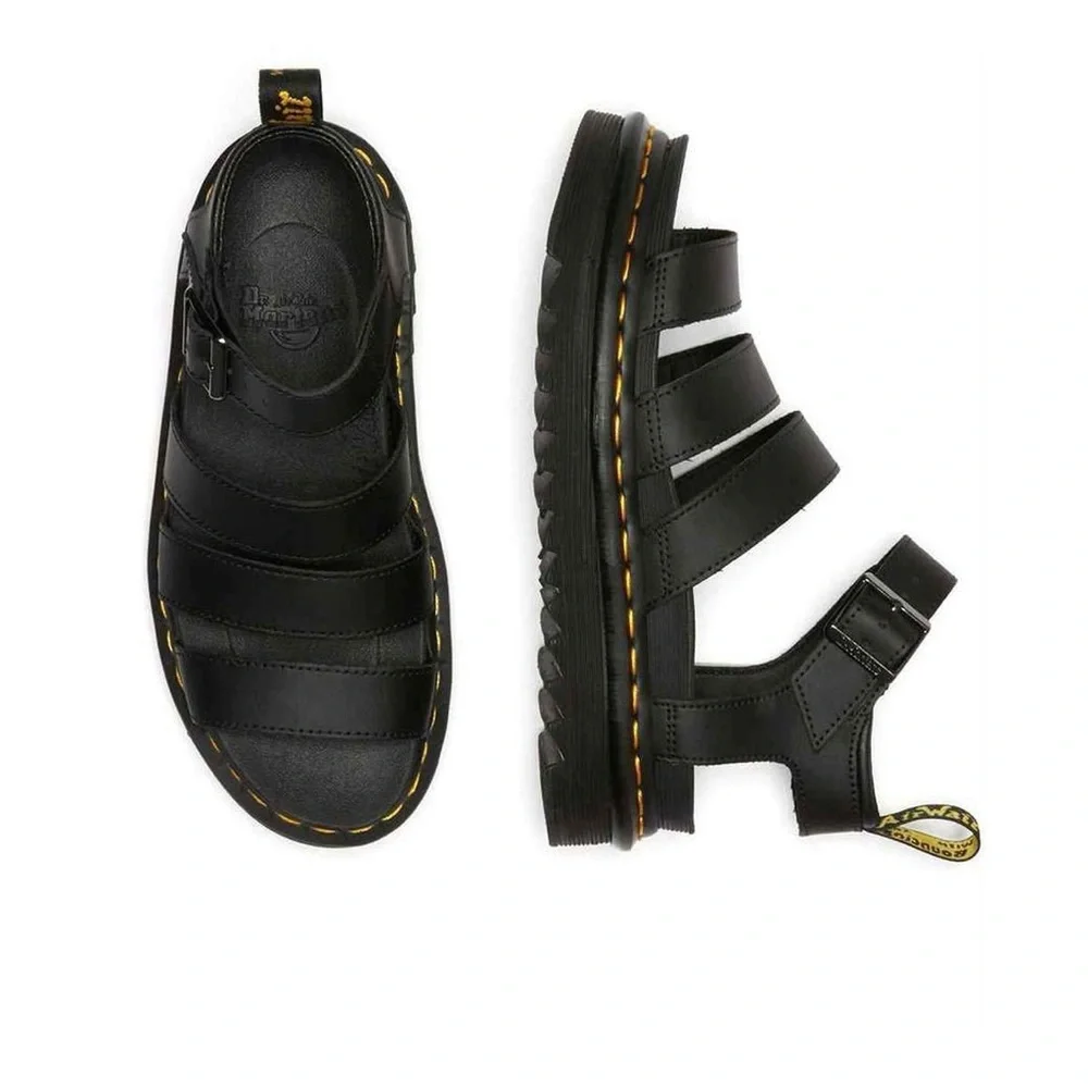 Dr. Martens Black Leather Gladiator Sandals with Yellow Stitching